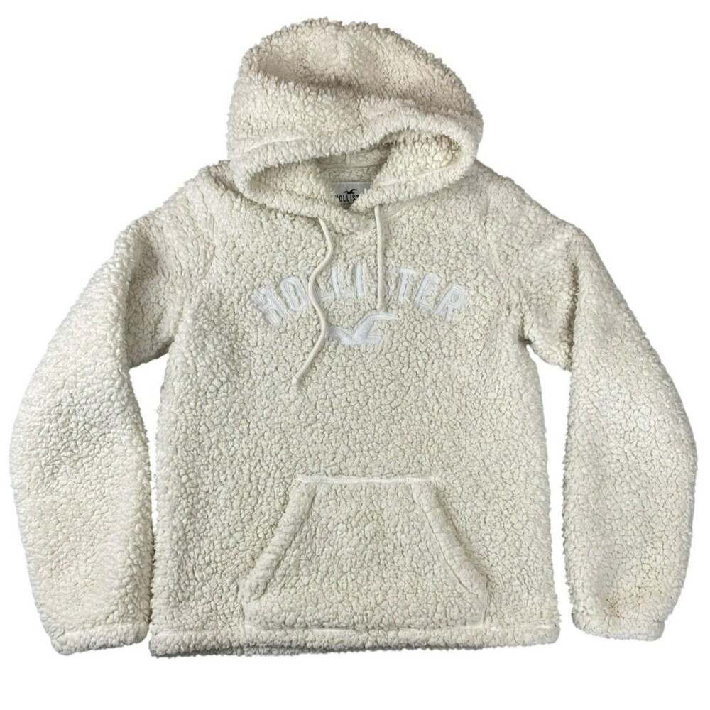 Hollister Sherpa Hoodie Womens M Cream Pullover Embroidered Logo Cozy Teddy Y2K